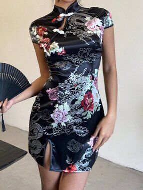 Black Elegant Women's Floral Print Button Short Sleeve Mini Dress